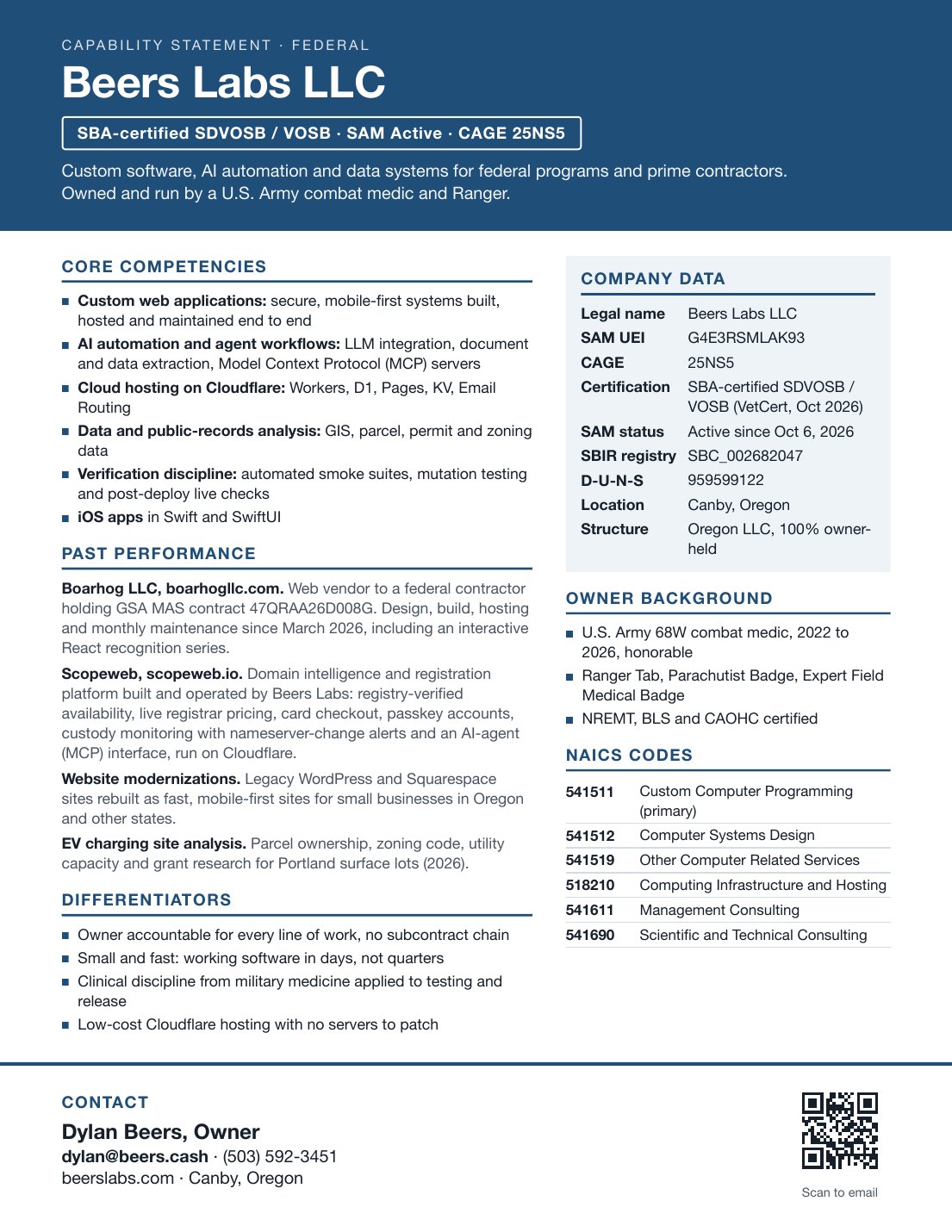 Page one of the Beers Labs federal capability statement